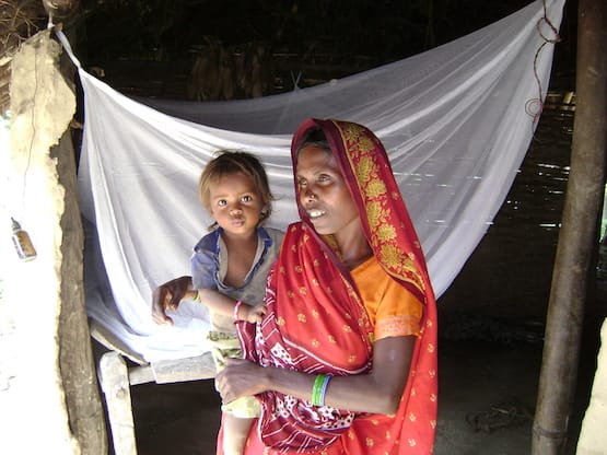 Mother in red sari holding her baby in front of an Against Malaria Foundation bednet