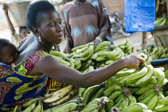 A woman buys bananas at a roadside market in eastern Sierra Leone.