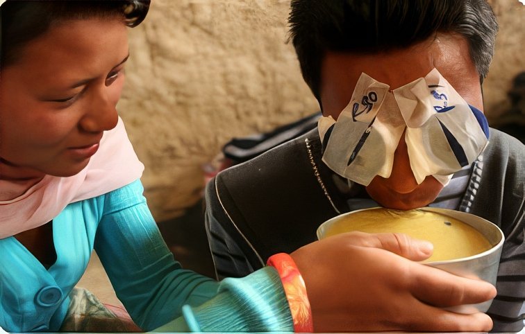 A child eating from a bowl beside a health worker